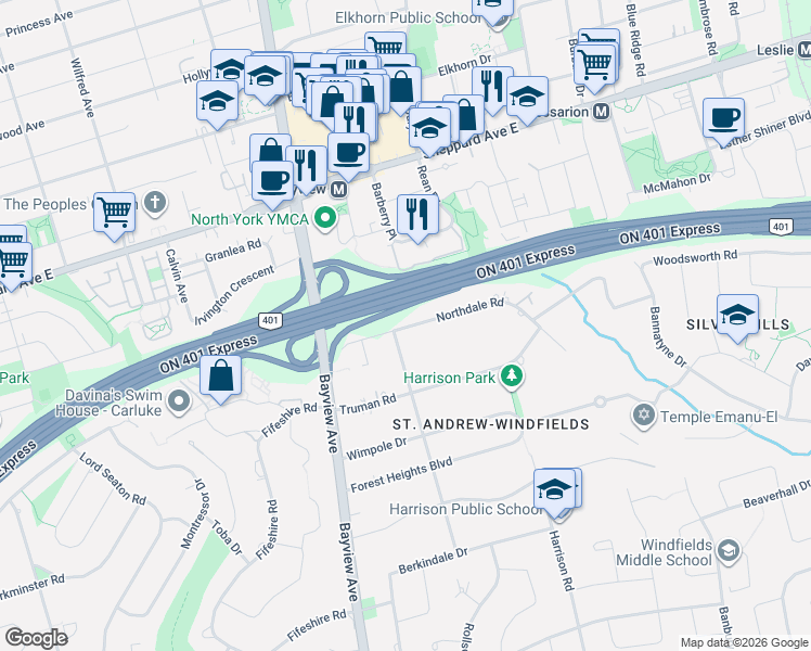 map of restaurants, bars, coffee shops, grocery stores, and more near 62 Northdale Road in Toronto