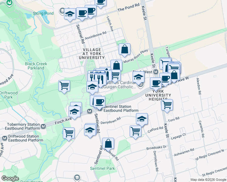map of restaurants, bars, coffee shops, grocery stores, and more near 29 Four Winds Drive in Toronto