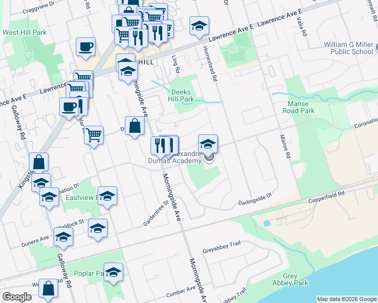 map of restaurants, bars, coffee shops, grocery stores, and more near 7 Briarbluff Avenue in Toronto