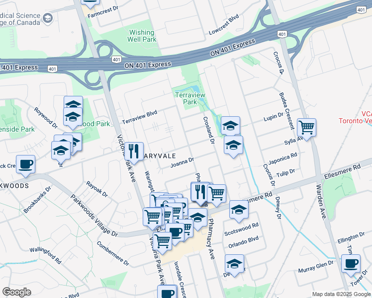 map of restaurants, bars, coffee shops, grocery stores, and more near in Toronto