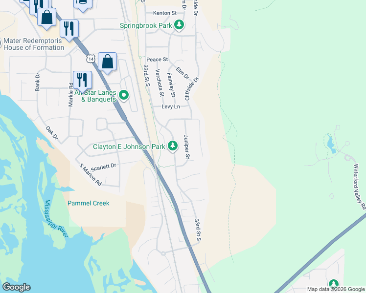 map of restaurants, bars, coffee shops, grocery stores, and more near 4643 Juniper Street in La Crosse