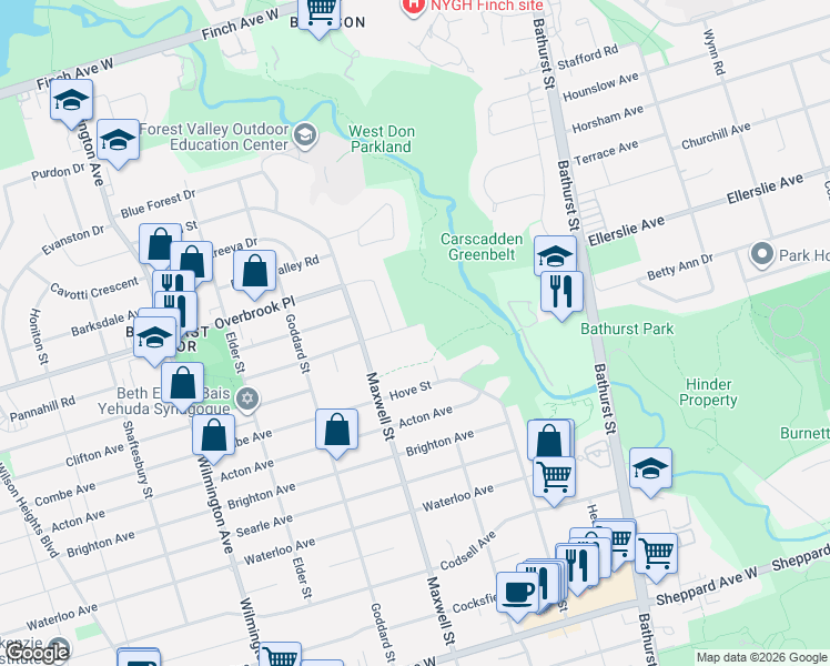 map of restaurants, bars, coffee shops, grocery stores, and more near in Toronto