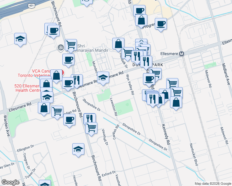 map of restaurants, bars, coffee shops, grocery stores, and more near 44 Lewiston Road in Toronto