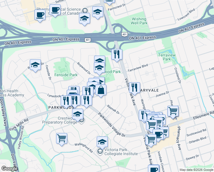 map of restaurants, bars, coffee shops, grocery stores, and more near 1338 York Mills Road in Toronto