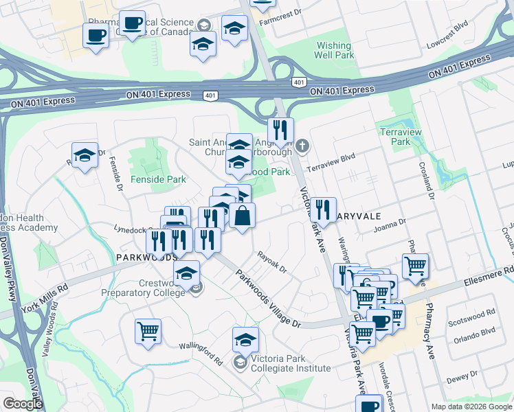 map of restaurants, bars, coffee shops, grocery stores, and more near 1338 York Mills Road in Toronto