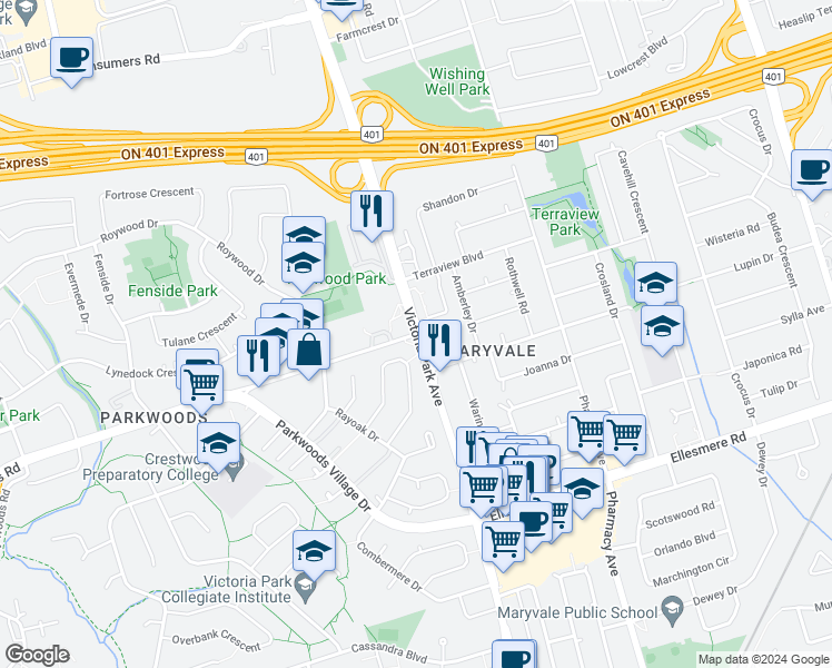 map of restaurants, bars, coffee shops, grocery stores, and more near 1398 York Mills Road in Toronto