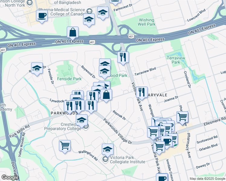 map of restaurants, bars, coffee shops, grocery stores, and more near 1338 York Mills Road in Toronto
