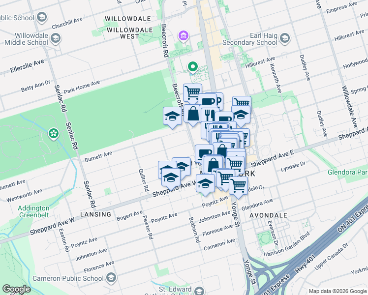 map of restaurants, bars, coffee shops, grocery stores, and more near 63 Burndale Avenue in Toronto