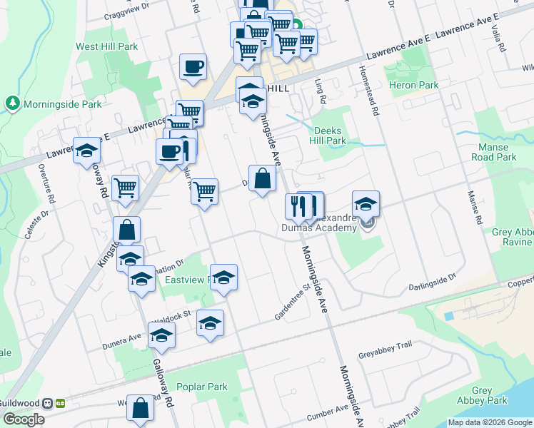 map of restaurants, bars, coffee shops, grocery stores, and more near 55 Limevale Crescent in Toronto