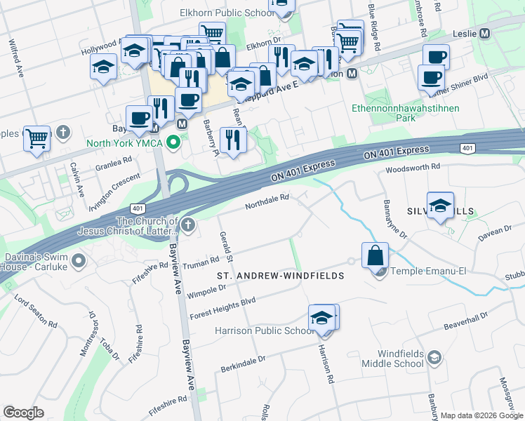 map of restaurants, bars, coffee shops, grocery stores, and more near 77 Northdale Road in Toronto