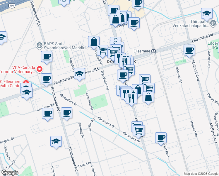 map of restaurants, bars, coffee shops, grocery stores, and more near in Toronto