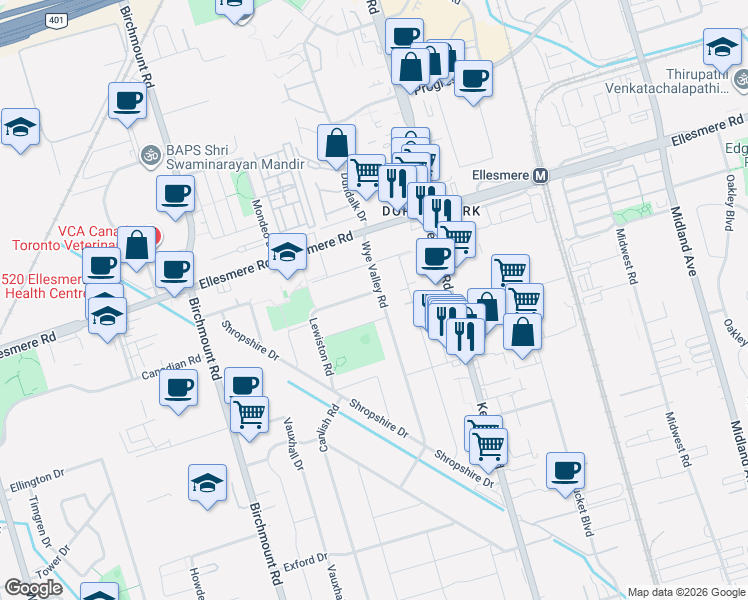 map of restaurants, bars, coffee shops, grocery stores, and more near 106 Wye Valley Road in Toronto
