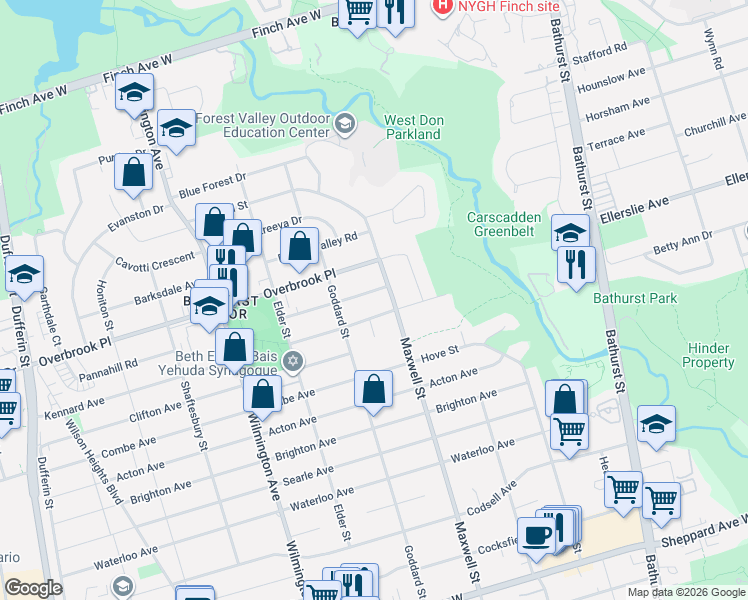 map of restaurants, bars, coffee shops, grocery stores, and more near 7 Pannahill Road in Toronto
