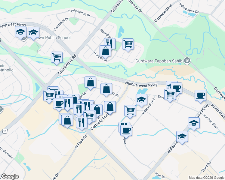 map of restaurants, bars, coffee shops, grocery stores, and more near 15 Eastway Street in Brampton
