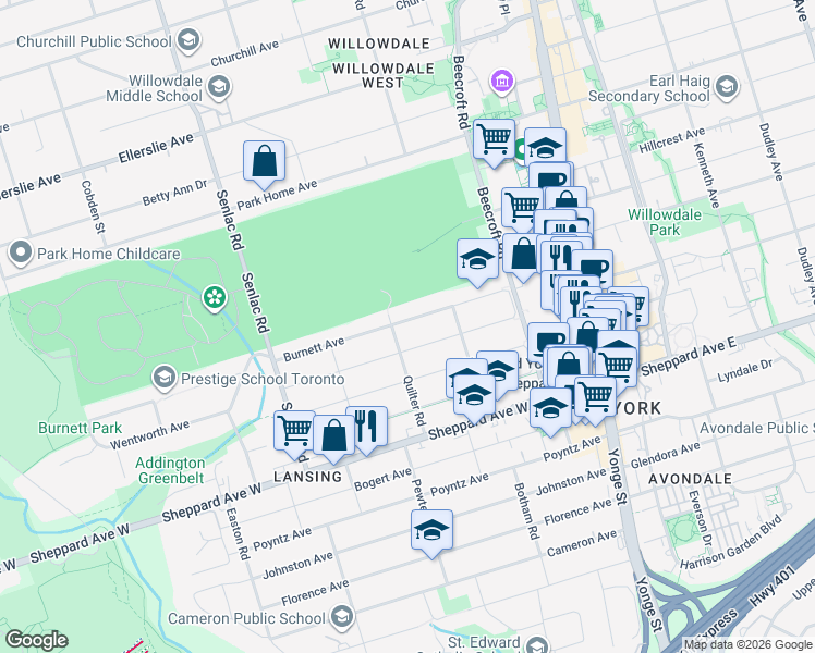 map of restaurants, bars, coffee shops, grocery stores, and more near 153 Burnett Avenue in Toronto