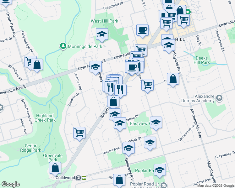 map of restaurants, bars, coffee shops, grocery stores, and more near 1733 Kingston Road in Toronto