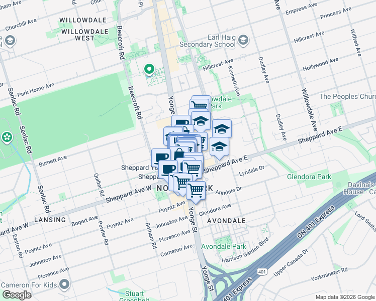 map of restaurants, bars, coffee shops, grocery stores, and more near 4808 Yonge Street in Toronto