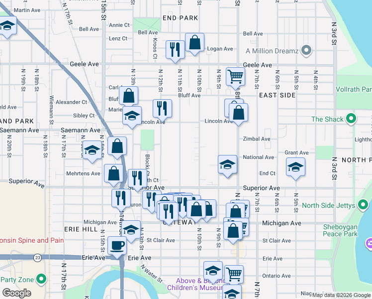 map of restaurants, bars, coffee shops, grocery stores, and more near 1616 North 10th Street in Sheboygan