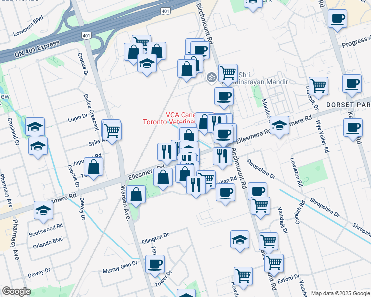 map of restaurants, bars, coffee shops, grocery stores, and more near 451 Ellesmere Road in Toronto