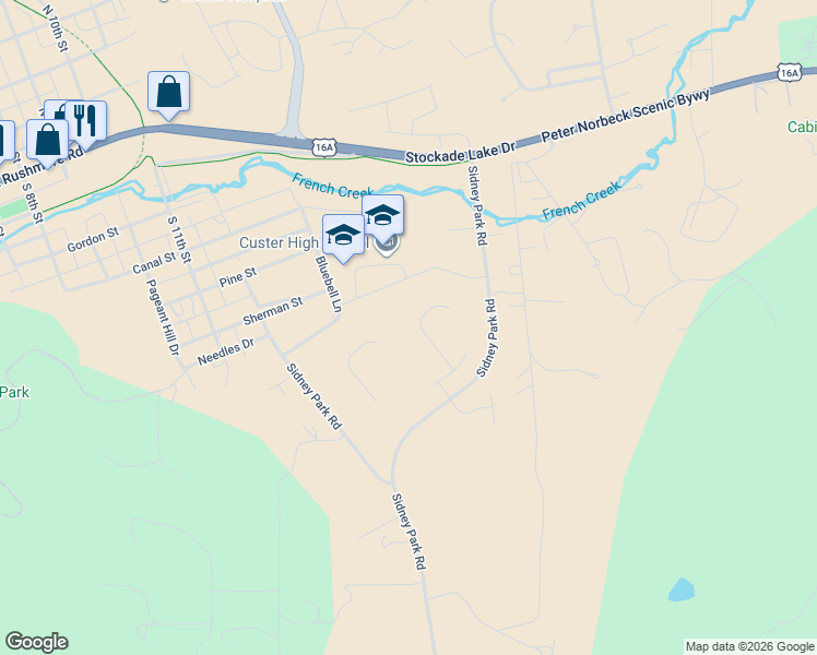 map of restaurants, bars, coffee shops, grocery stores, and more near 343 Rose Quartz Place in Custer