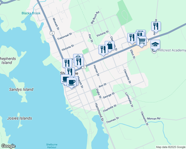 map of restaurants, bars, coffee shops, grocery stores, and more near 44 John Street in Shelburne