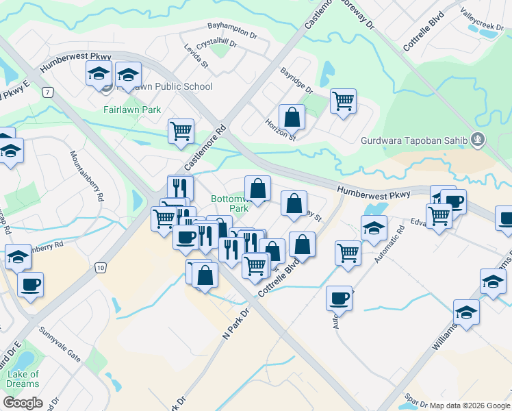 map of restaurants, bars, coffee shops, grocery stores, and more near 35 Triple Crown Drive in Brampton