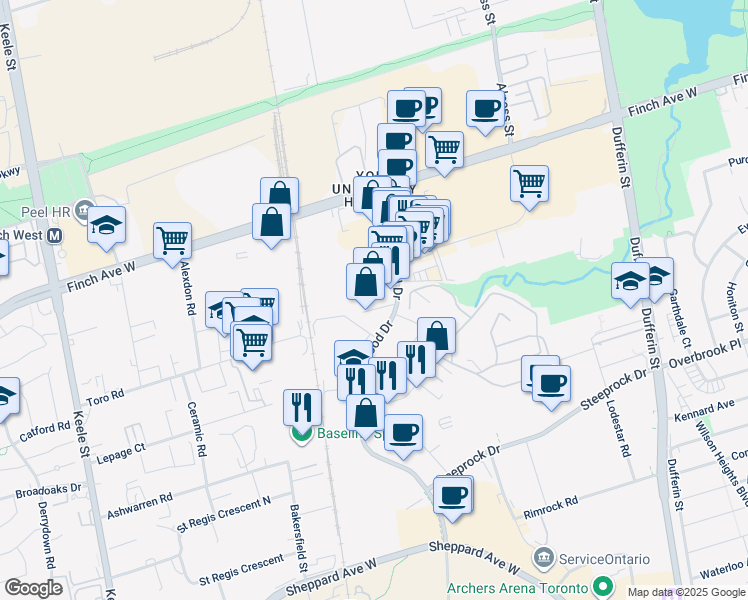 map of restaurants, bars, coffee shops, grocery stores, and more near in Toronto