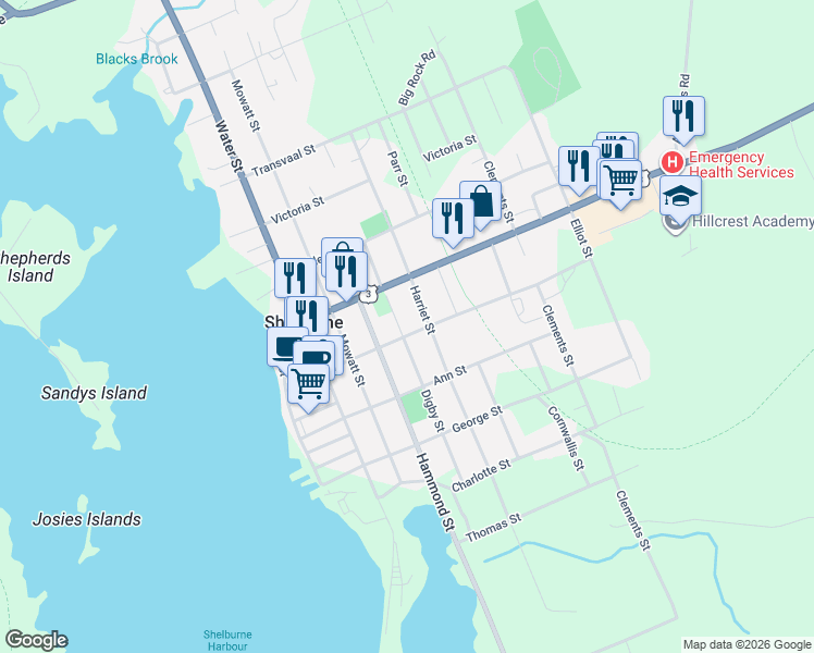 map of restaurants, bars, coffee shops, grocery stores, and more near 44 John Street in Shelburne