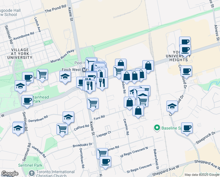 map of restaurants, bars, coffee shops, grocery stores, and more near in Toronto