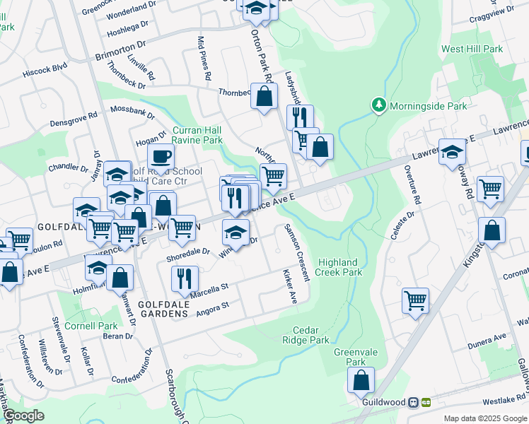 map of restaurants, bars, coffee shops, grocery stores, and more near 3895 Lawrence Avenue East in Toronto
