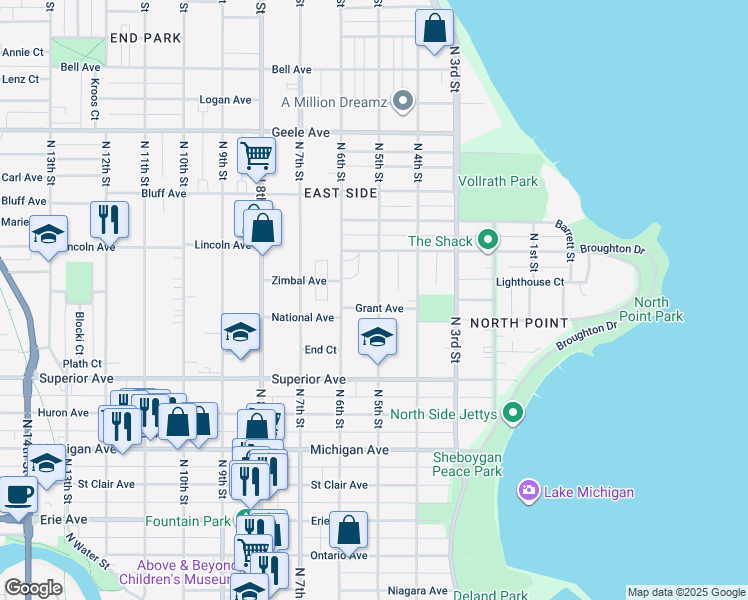 map of restaurants, bars, coffee shops, grocery stores, and more near 1706 North 5th Street in Sheboygan