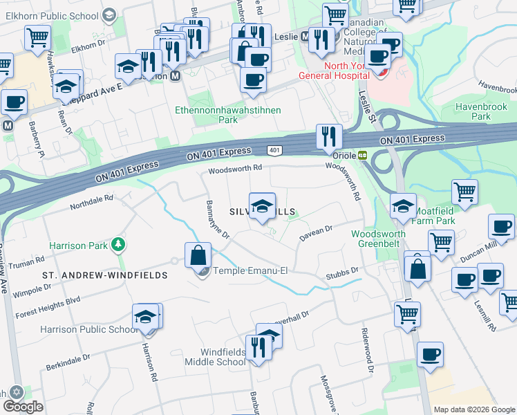 map of restaurants, bars, coffee shops, grocery stores, and more near 45 Hopperton Drive in Toronto