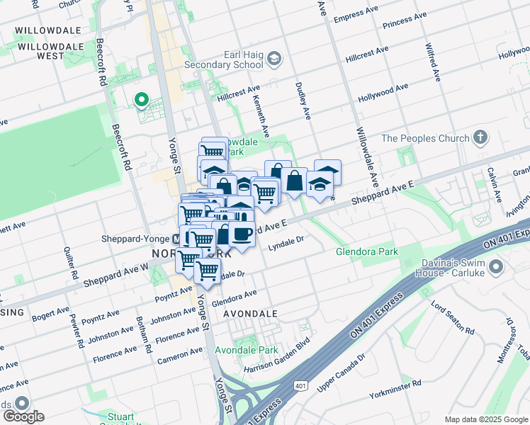 map of restaurants, bars, coffee shops, grocery stores, and more near 90 Sheppard Avenue East in Toronto