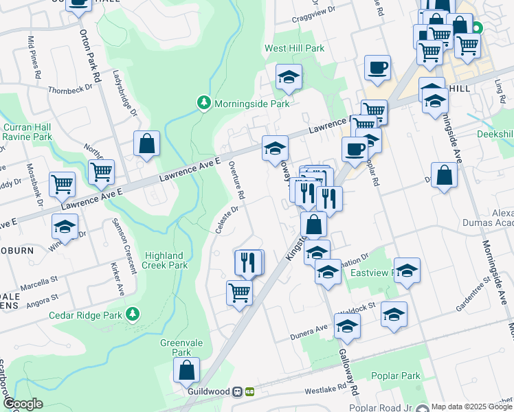 map of restaurants, bars, coffee shops, grocery stores, and more near 159 Celeste Drive in Toronto