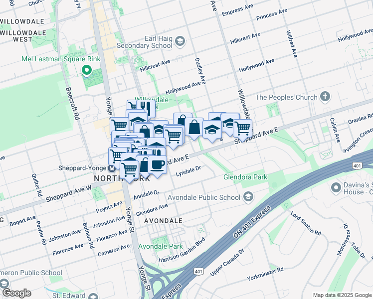 map of restaurants, bars, coffee shops, grocery stores, and more near in Toronto
