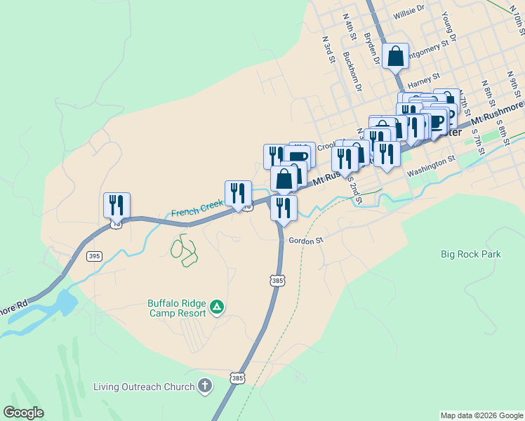 map of restaurants, bars, coffee shops, grocery stores, and more near 35 Centennial Drive in Custer