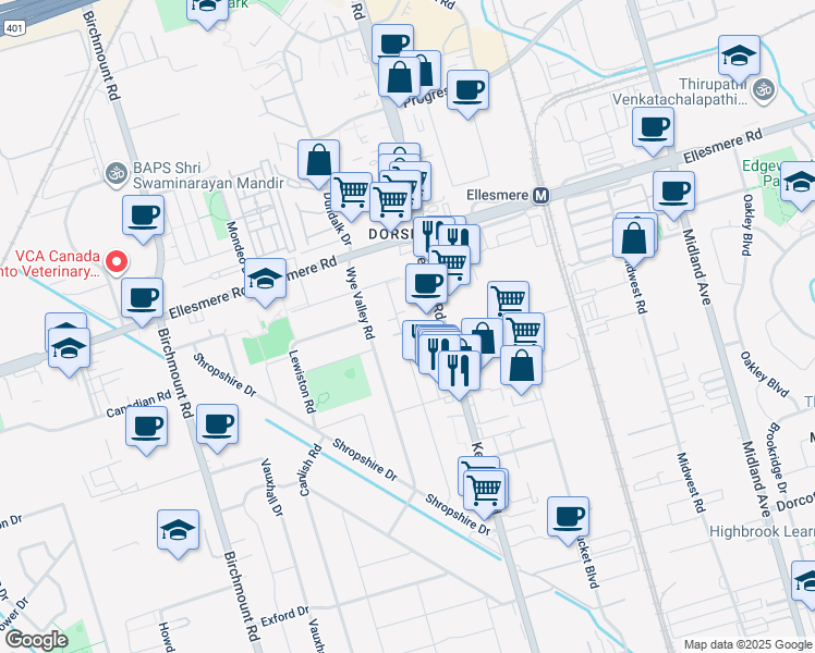 map of restaurants, bars, coffee shops, grocery stores, and more near in Toronto