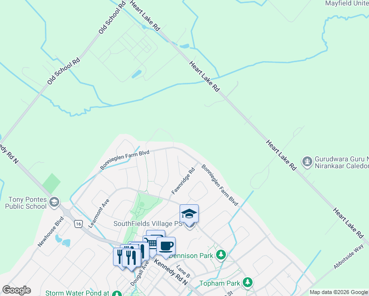 map of restaurants, bars, coffee shops, grocery stores, and more near 129 Bonnieglen Farm Boulevard in Regional Municipality of Peel
