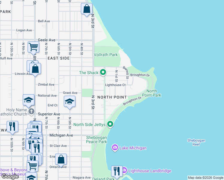 map of restaurants, bars, coffee shops, grocery stores, and more near 117 Lake Court in Sheboygan