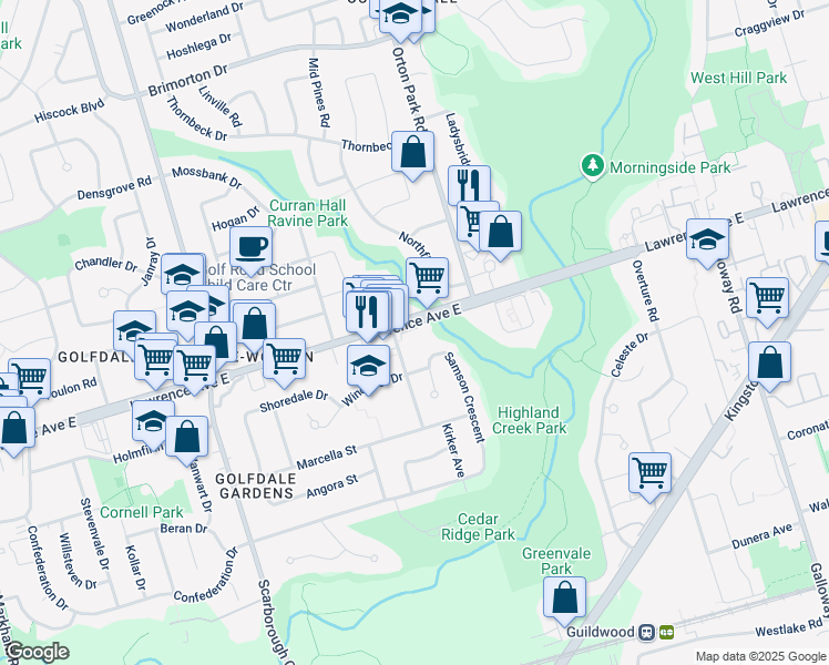 map of restaurants, bars, coffee shops, grocery stores, and more near 3895 Lawrence Avenue East in Toronto
