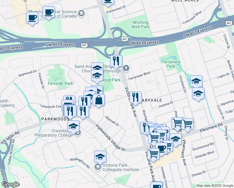 map of restaurants, bars, coffee shops, grocery stores, and more near 1350 York Mills Road in Toronto