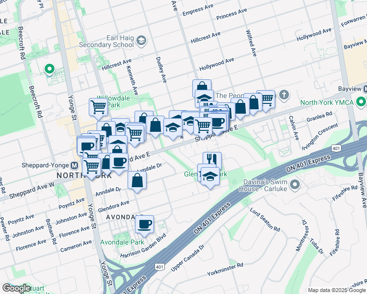 map of restaurants, bars, coffee shops, grocery stores, and more near in Toronto