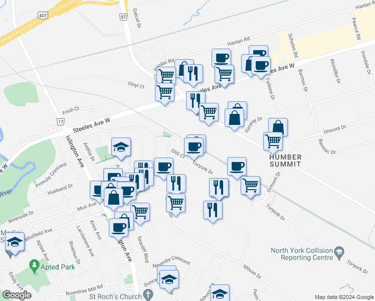 map of restaurants, bars, coffee shops, grocery stores, and more near 101 San Gabriele Place in Toronto