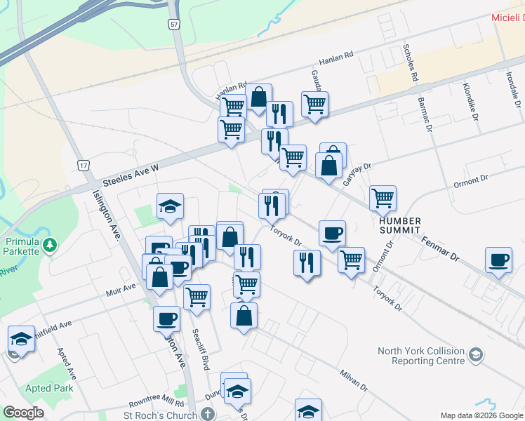 map of restaurants, bars, coffee shops, grocery stores, and more near 101 San Gabriele Place in Toronto