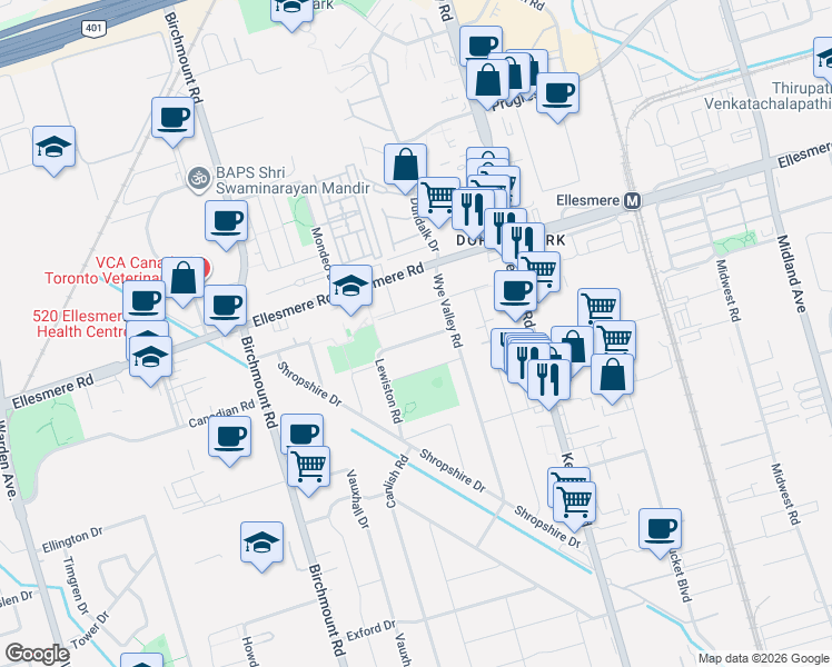 map of restaurants, bars, coffee shops, grocery stores, and more near 54 Lewiston Road in Toronto