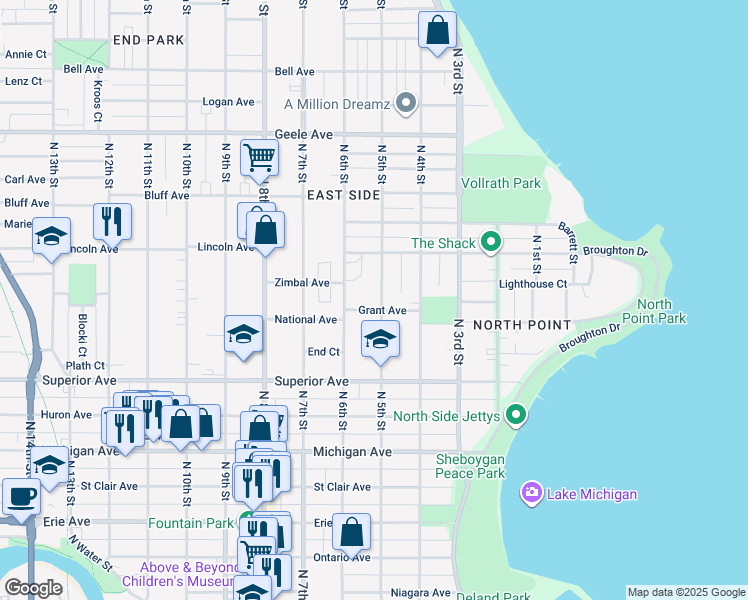 map of restaurants, bars, coffee shops, grocery stores, and more near 1708 North 5th Street in Sheboygan