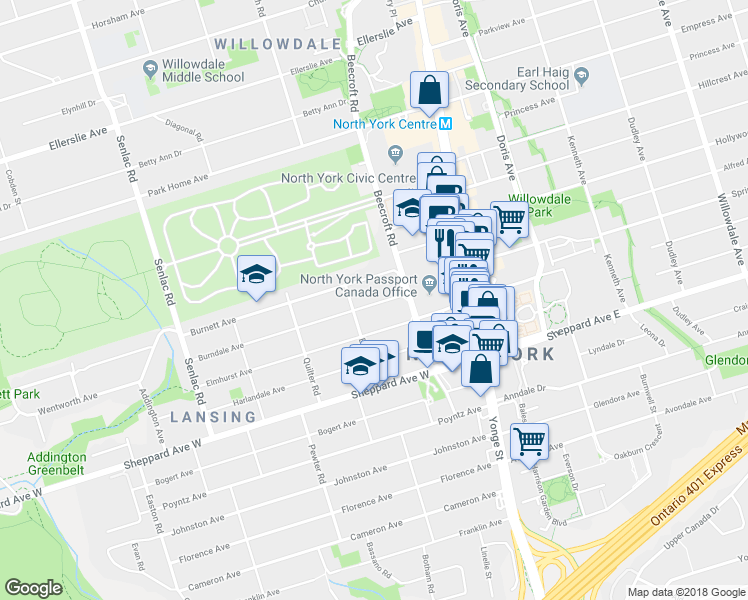 map of restaurants, bars, coffee shops, grocery stores, and more near 78 Burndale Avenue in Toronto