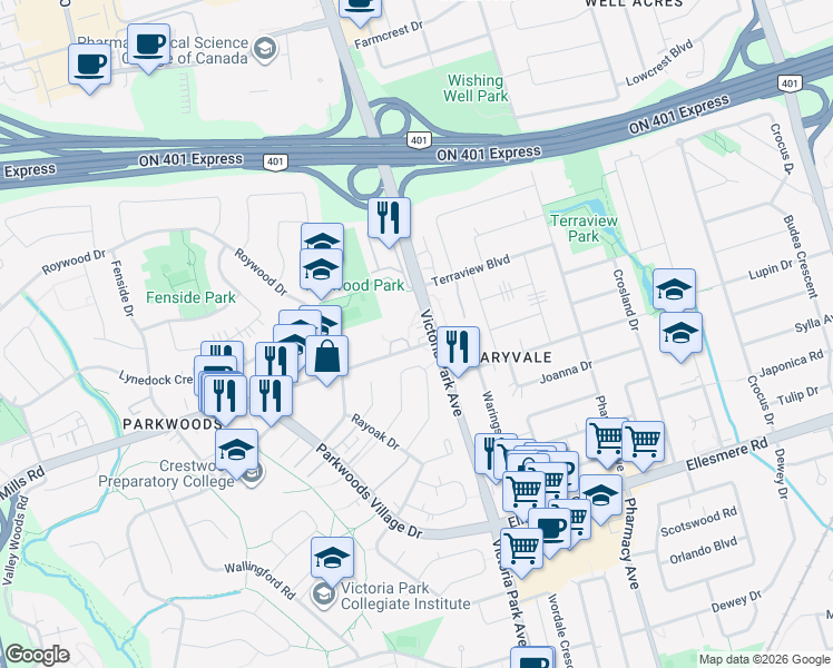 map of restaurants, bars, coffee shops, grocery stores, and more near 2250 Victoria Park Avenue in Toronto