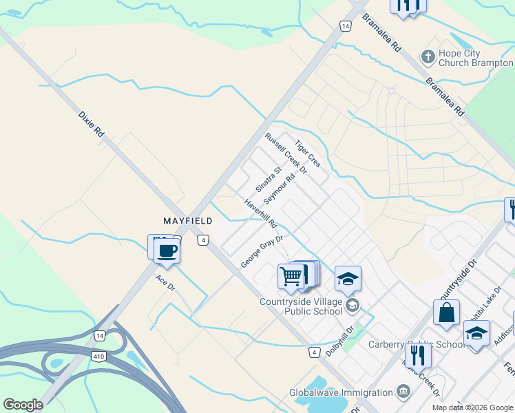 map of restaurants, bars, coffee shops, grocery stores, and more near 6 Folgate Crescent in Brampton