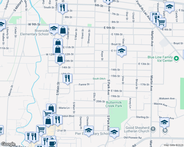map of restaurants, bars, coffee shops, grocery stores, and more near 579 Ellis Street in Fond du Lac